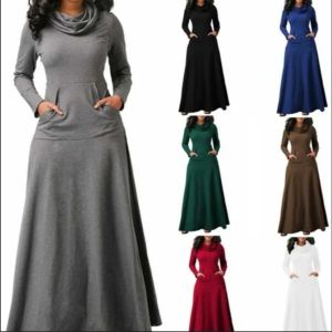 Kleid Elegante Kleider für Frauen Kleider Böhmen Langarm Kleider Rollkragen Flor Kragen Große Tasche Saum Party Lange Kleider Weiblich