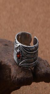 Koreanska modefjäderringar Retro Thai Silver Red Stone Open Ring For Men Women 925 Sterling Silver Jewelry Gothic Punk Bague3480499