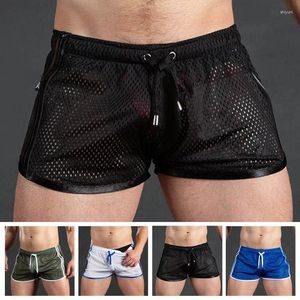 Shorts masculinos homens casual malha sexy respirável boxer cuecas transparentes bugle bolsa calcinha masculino ver através da calça tronco