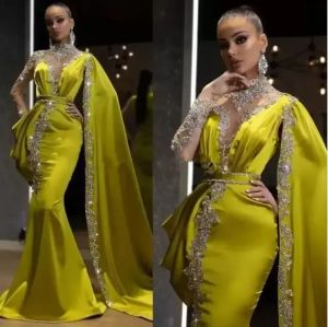 Green Arabic Lemon Crystals Formal Evening Dresses Mermaid Dubai Indian High Neck One Sleeve Cape Beads Long Trumpet Prom Gowns Dress BC10567