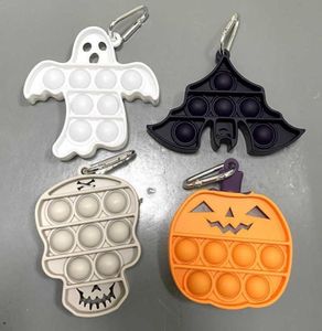 Wholedhl Halloween Pumpkin Bat Ghost Skull Push Pops Fidget Toys Sensory Simple Key Ring Bubble Board Puzze Keychain Dzieci DE4903564