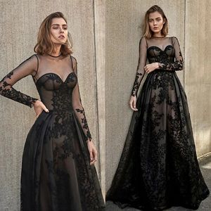 Vintage A Line Black Gothic Wedding Dresses Lace Appliques Illusion Jewel neck Long Sleeves Vintage Bridal Gowns Vestido De Noiva