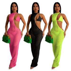 Örtbas seksi fishnet 3 parçalı bikini plaj giymek yaz kesim kolsuz uzun elbise + bandaj yular sütyen + mini kısa kadın örtüler