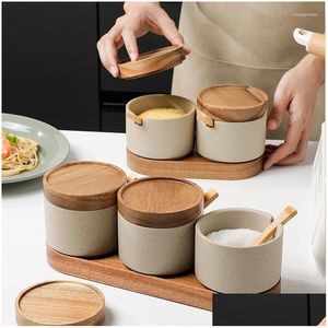 Bottiglie di stoccaggio Barattoli Cucchiaio Set per la casa Barattolo di zucchero Coperchio Cucina Contenitore in ceramica Sale Spezie Condimento Pepe Vintage Con goccia Delive Otyih