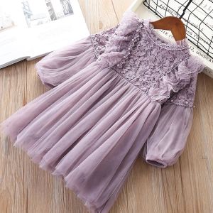 Dresses Girl Dresses Lantern Sleeve Kids Clothing Party Princess Spring Kids Lace Children Dress with Pearls Purple and White 37t