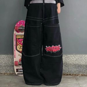 Hip Hop Retro Graphic Embroidered Baggy Jeans Streetwear Y2K Men Women Gothic High Waist Wide Trouser Harajuku Black Pants 240304
