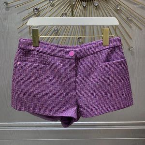 Kvinnors shorts mode tweed lila hög kvalitet 2024 Spring Zip-sequin trim lappfickor Designs Lady