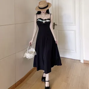 Casual Dresses Summer 2024 Women Vintage Sexy Beaded Black Hollow Out Backless Long Dress Female Spaghetti Straps Maxi Party Vestidos