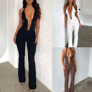 Women's Jumpsuits Deep V-neck Halter Criss-Cross Lace-up Backless Rompers Off Shoulder Playsuits Long Flare Pants