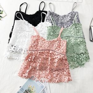 Tanques femininos Mulheres Spaghetti Strap Tank Top Verão Outono Doce Floral Lace Colete Oco Out Elegante Tops Feminino Sem Mangas Camisas Curtas