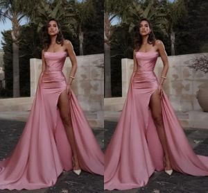 Pink Sexy High Thigh Split Evening Dresses New Designed Backless Strapless Mermaid Prom Party Gowns Arabic Vestidos Custom Made BC15337