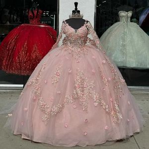 Różowe kwiaty 3D z ramion sukni piłki sukienki Quinceanera z Appe Applique koronkowe gorset Sweet 15 vestido