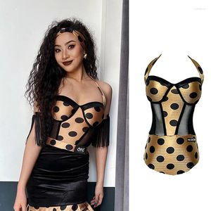 Scene Wear Halter Latin Dance Performance Topps Gold Polka prickar Bodysuit Women Practice Chacha Modern Ballroom Dancing Clothes YS5265