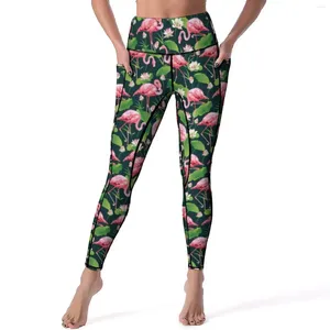 Leggings da donna Uccelli fenicotteri tropicali Fiori bianchi Allenamento Pantaloni da yoga Leggins a vita alta Collant sportivi con grafica ad asciugatura rapida