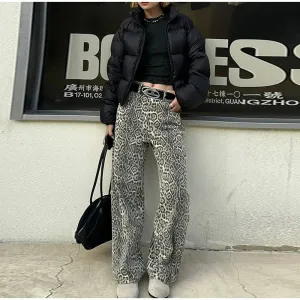 Jeans Leopard Jeans Women Denim High Waist Straight Zipper Street Hip Hop Female Pants Vintage Y2k Loose 2024 Spring Lady Trousers