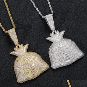 Altri set di gioielli in oro 18 carati con simbolo del dollaro, borsa per soldi, collana, set di gioielli, bling, zirconi, diamanti, collane hip-hop, ciondolo a portafoglio Dhf3O