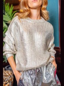 Pullover Silber Pailletten Laterne Ärmel Strickpullover Frauen verdicken Gold funkelnden O-Ausschnitt Seidenpullover Herbst schicke Damen lose Pullover