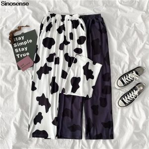 Capris Women Cow Print Wide Leg Pants Sports Pants Palazzo Joggers Strinty Streetwearルーズズボンハイウエストスウェットパンツバギー