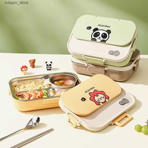 Bento Boxes WORTHBUY 4/5 Griglia Lunch Box con cucchiai e bacchette Contenitori per alimenti sigillati portatili Microonde Bento Box in acciaio inossidabile 304 L240307