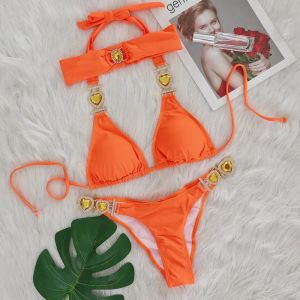 Bikini Frauen Herzförmigen Kristall Diamant Kette Solide Bademode Badeanzug Weibliche Bikinis Set Badeanzug