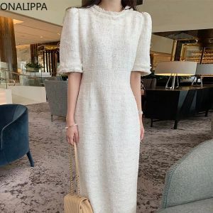 Dress Onalippa Women Long Tweed Dress Autumn Winter Korean Elegant Temperament O Neck Fivequarter Sleeves Slimfit Fringed Dresses