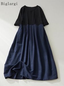 Летнее длинное платье больших размеров, женское хлопковое и льняное повседневное модное женское платье с цветными блоками, свободное женское платье 240229