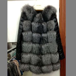 HAININING Yüksek İmitasyon Tilki Ceket Pu Sleeve Orta Uzunluk Kürk Kadın Giysileri 957707