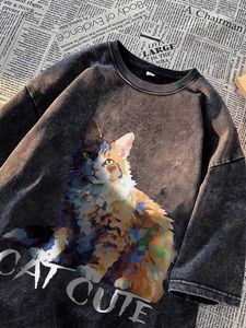 T-shirt da uomo retrò pesante 320g gatto t-shirt a maniche corte da uomo estate oversize trendy marca lavata vecchia maglietta