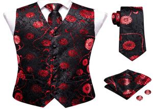 HiTie Mens Tuxedo Waistcoat Black Red Flower Formal Suit Vest Necktie Handkerchief Cufflinks Set for Wedding Business3778832