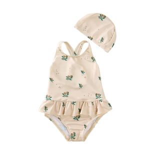 Badkläder 2024 Nya sommar barn strandkläder kostym baby flickor jumpsuit baddräkt+hatt barn bikini badkläder baby flickor en bit baddräkt