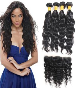 Raw Virgin Indian Hair Water Wave 4 Bunds With Frontal Human Hair Weft Extensions Ear to Ear Lace Frontal Stängning Brasiliansk Virg6794261