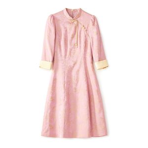2024 Spring Pink Solid Color Dress 3/4 Sleeve Stand Collar Jacquard Buttons Knee-Length Casual Dresses W4M053306