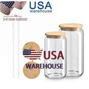 USA CA STOCK 16 onças de vidro sublimado em branco com tampa de bambu transparente lata de cerveja fosca copo de borosilicato copo de vidro com canudo de plástico