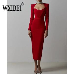 Kleid WXIBEI 2023 Neues Frauen Vneck Verbandskleid sexy Full Sleeve Solid Celebrity Bodysuit Abend Midi Party Kleid Vestidos FC654