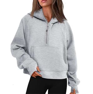 Lulu-48 Outono Inverno Yoga Terno Scuba Hoodie Metade Zip Mulheres Suéter Esportivo Solto Jaqueta de Ginástica Fitness Curto Casaco de Pelúcia Moletom 1113ess