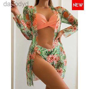 Costumi da bagno da donna Costumi da bagno da donna 2023 Tre pezzi Bikini Set Cover Up Donna Stampa floreale Push Costume da bagno Manica lunga Twist Biquini Costume da bagno 230224 240307