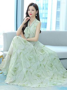 Casual Dresses Women 2024 Summer Chiffon Fashion Green Dress Sleeveless Elegant Tunics Clothes Maxi Floral Beach Party Festa Luxo