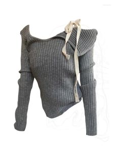 Kvinnors tröjor Autumn Winter Grey Simple Slash Neck Knitwear Jumper Casual Långärmning Stickad Pullover Lace-Up Clubwear Japanese