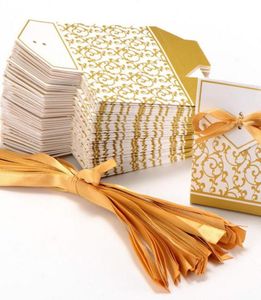 Impreza Nowe 10pcs Creative Golden Silver Ribbon Wedding Favors Prezent Prezent Candy Paper Pudełko Cookie Candy Bags