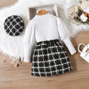 Clothing Sets Toddler Girl Fall Winter Clothes Ribbed Long Sleeve T-Shirts Mini Plaid Skirts Beret Cap Infant Baby 3Pcs Set