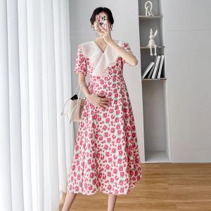 Dresses French Style Maternity Chiffon Floral Dress Summer Sweet Ruffled Collar Fashion Printing Pregnant Women Dress Elegant Clothes