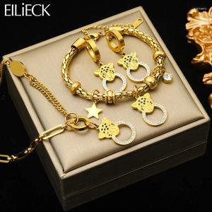 Halsband örhängen set eilieck 316l rostfritt stål leopard pentagram armband för kvinnor mode lyxvattentät smyckespresent