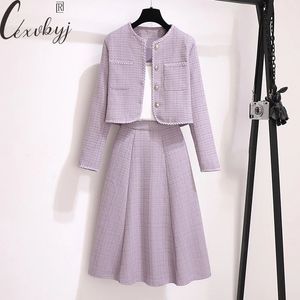 Women Elegant Tweed Skirt 2 Peice Suits French Round Neck Jacket Knee-Length High Waist Skirt Outfits Large Size Vintage Set 240305