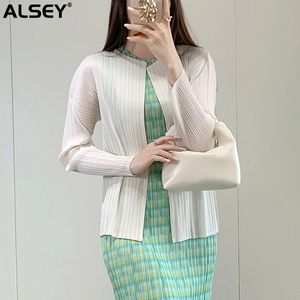 ALSEY Miyake Pleated Top Women Versatile Cardigan Shawl Overlay Sun Protection Small Shirt Jacket Light Summer 240222