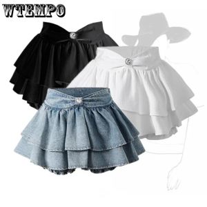 skirt White Sweet Fluffy Cake Skirt Lowwaist Rhinestone Women Double Layer Ruffle Edge Pantskirt Preppy Style Korean Fashion Egirl