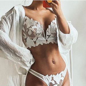 French Lingerie Sexy Women Underwear Set Push Up Bra Lace Transparent Panty Sets Wedding White Thin 240305