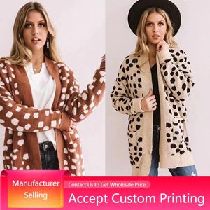 Women's Jackets Fall Thick Loose Leopard Knitted Long Cardigan Clothing Sweater Women Coat Outwear With Pockets Sleeve