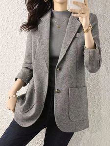 Zoki Harajuku Grey Tweed Blazer Women Retro Elegant Long Sleeve Office Lady Suit Coat Casual Fall Simple Buttons Design Jacket 240228