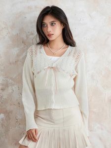 Kvinnors T -skjortor Kvinnor Down Sweater Tie Bow Front V Neck Cable Knit Cropan Cardigan Söt ihålig Sweet Jumper Pullover Top Estetic