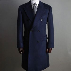 Jackets Navy Suit Jacket Men Tweed Wool Blend Trench Coat Long Tailore Made Double Breasted Overcoat Slim Fit Business Outwear Blazer